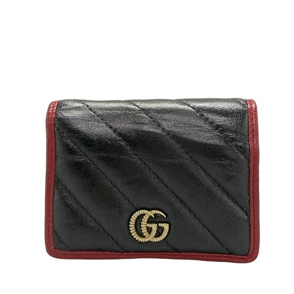 Auth GUCCI GG Marmont 573811 Black Red Leather - Bifold Wallet - Picture 1 of 7